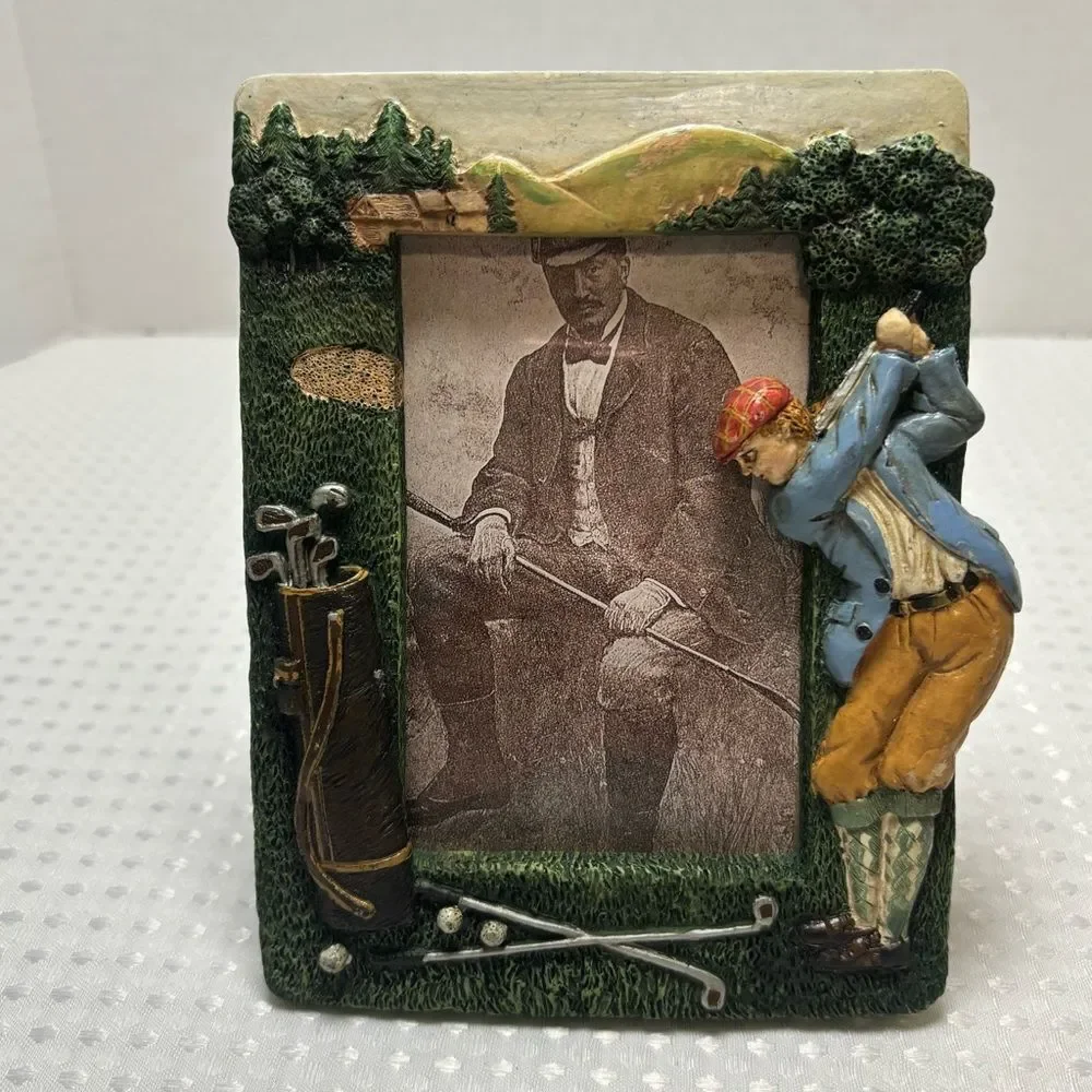 Vintage 3D Resin Golfer Tabletop Photo Frames Set of 2